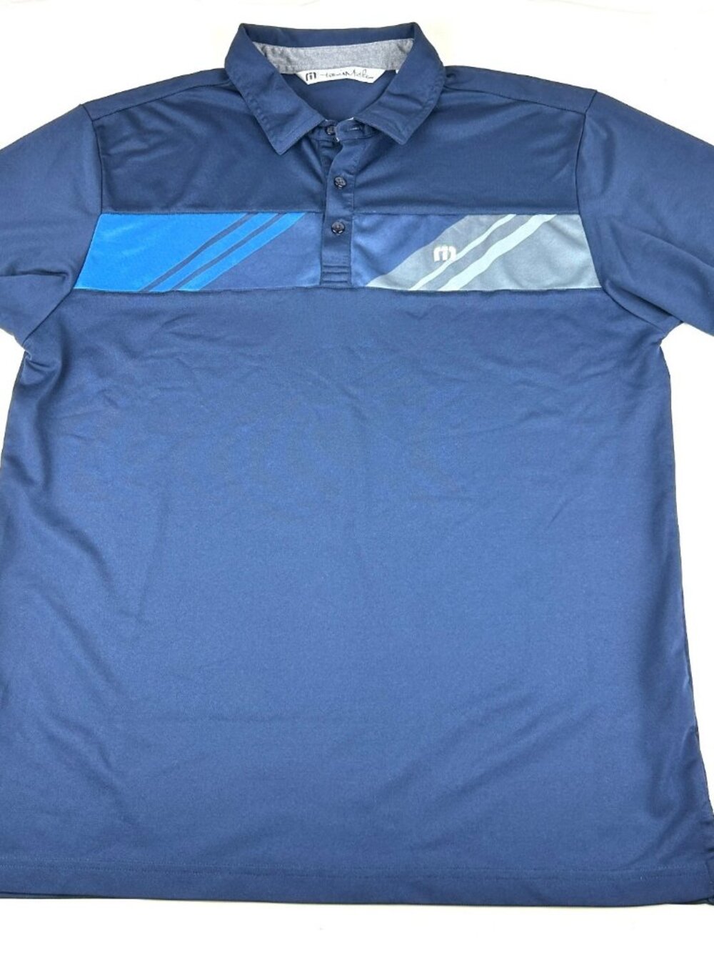 Travis Mathew Golf Polo Shirt Men's L Navy Blue Stripe Performance